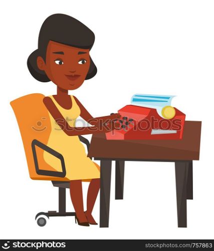 Young african-american journalist writing an article on a vintage typewriter. Concentrated female journalist working on retro typewriter. Vector flat design illustration isolated on white background.. Journalist working on retro typewriter.