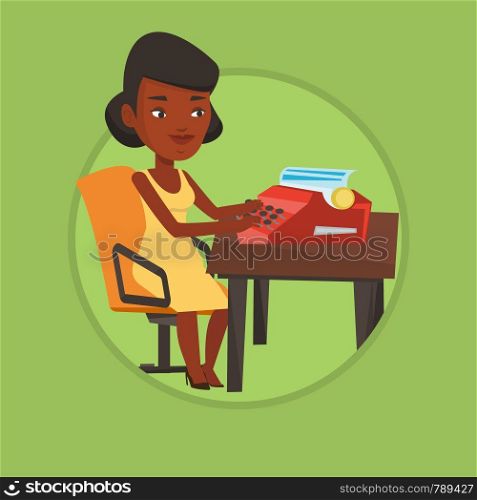 Young african-american journalist writing an article on a vintage typewriter. Concentrated journalist working on retro typewriter. Vector flat design illustration in the circle isolated on background.. Journalist working on retro typewriter.