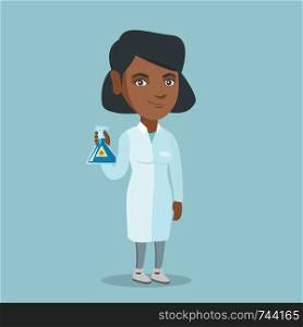 Young african-american laboratory assistant holding a flask with biohazard sign. Laboratory assistant in medical gown showing a flask with biohazard sign. Vector cartoon illustration. Square layout.. Scientist holding flask with biohazard sign.