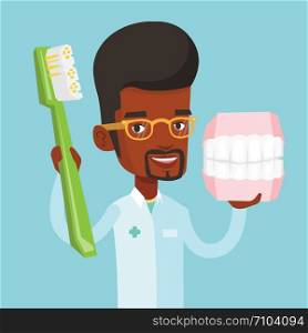 Young african-american male dentist holding dental jaw model and a toothbrush in hands. Friendly male dentist showing dental jaw model and toothbrush. Vector flat design illustration. Square layout.. Dentist with dental jaw model and toothbrush.
