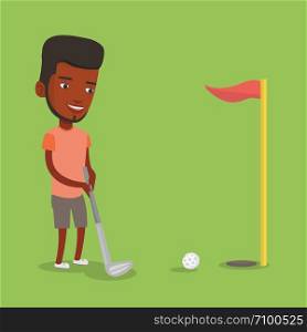 Young african-american male golfer playing golf. Young golfer hitting the ball in the hole with red flag. Professional golfer on the golf course. Vector flat design illustration. Square layout.. Golfer hitting the ball vector illustration.