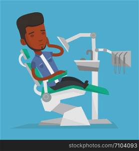 Young african-american male patient visiting dentist because of toothache. Sad male patient suffering from toothache. Man having a strong toothache. Vector flat design illustration. Square layout.. Man suffering in dental chair vector illustration.