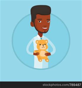 Young african-american male pediatrician doctor holding a teddy bear. Professional pediatrician doctor standing with a teddy bear. Vector flat design illustration in the circle isolated on background.. Pediatrician doctor holding teddy bear.