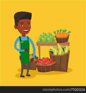Young african-american male supermarket worker giving thumb up while standing on the background of shelves with vegetables and fruits in supermarket. Vector flat design illustration. Square layout.. Friendly supermarket worker vector illustration.