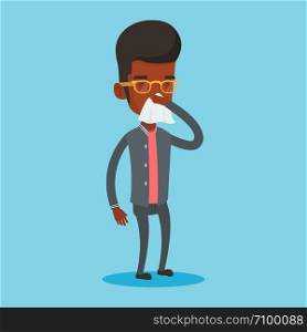 Young african-american man blowing his nose to paper napkin. Sick man sneezing. Unwell man having an allergy and blowing his nose to a tissue. Vector flat design illustration. Square layout.. Young caucasian sick man sneezing.