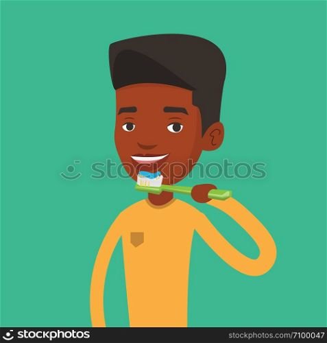 Young african-american man brushing his teeth. Smiling man cleaning his teeth. Cheerful man taking care of his teeth. Happy guy with toothbrush in hand. Vector flat design illustration. Square layout.. Woman brushing her teeth vector illustration.