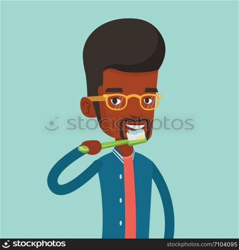 Young african-american man brushing his teeth. Smiling man cleaning his teeth. Cheerful man taking care of his teeth. Happy guy with toothbrush in hand. Vector flat design illustration. Square layout.. Man brushing his teeth vector illustration.