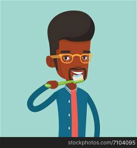 Young african-american man brushing his teeth. Smiling man cleaning his teeth. Cheerful man taking care of his teeth. Happy guy with toothbrush in hand. Vector flat design illustration. Square layout.. Man brushing his teeth vector illustration.