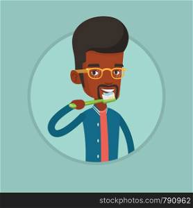 Young african-american man brushing his teeth. Smiling man cleaning teeth. Man taking care of teeth. Man with toothbrush in hand. Vector flat design illustration in the circle isolated on background.. Man brushing his teeth vector illustration.