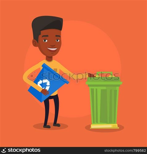 Young african-american man carrying recycling bin. Smiling man holding recycling bin while standing near a trash can. Waste recycling concept. Vector flat design illustration. Square layout.. Man with recycle bin and trash can.