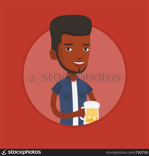 Young african-american man celebrating with beer. Smiling man holding a big glass of beer. Cheerful man drinking beer. Vector flat design illustration in the circle isolated on background.. Man drinking beer vector illustration.