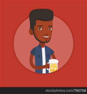 Young african-american man celebrating with beer. Smiling man holding a big glass of beer. Cheerful man drinking beer. Vector flat design illustration in the circle isolated on background.. Man drinking beer vector illustration.