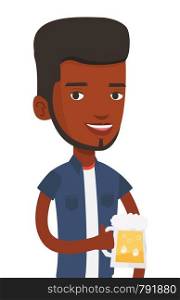 Young african-american man celebrating with beer. Smiling man holding a big glass of beer. Full length of male beer fan. Vector flat design illustration isolated on white background.. Man drinking beer vector illustration.