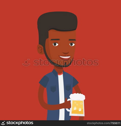 Young african-american man celebrating with beer. Smiling man holding a big glass of beer. Full length of male beer fan. Vector flat design illustration. Square layout.. Man drinking beer vector illustration.