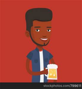 Young african-american man celebrating with beer. Smiling man holding a big glass of beer. Full length of male beer fan. Vector flat design illustration. Square layout.. Man drinking beer vector illustration.