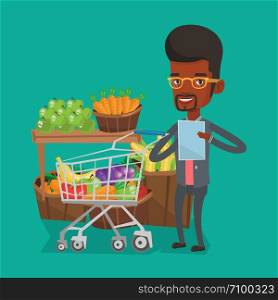 Young african-american man checking shopping list. Smiling man holding shopping list near trolley with products. Happy man writing in shopping list. Vector flat design illustration. Square layout.. Man with shopping list vector illustration.