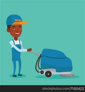 Young african-american man cleaning supermarket floor. Friendly man working with cleaning machine. Male worker of cleaning services in supermarket. Vector flat design illustration. Square layout. Male worker cleaning store floor with machine.