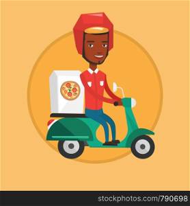 Young african-american man delivering pizza on scooter. Courier driving a scooter and delivering pizza. Concept of food delivery. Vector flat design illustration in the circle isolated on background.. Man delivering pizza on scooter.