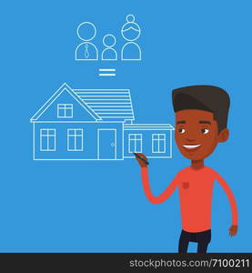 Young african-american man drawing family house. Smiling man drawing a house with a family. Happy man dreaming about future life in a new family house. Vector flat design illustration. Square layout. Young man drawing his family house.