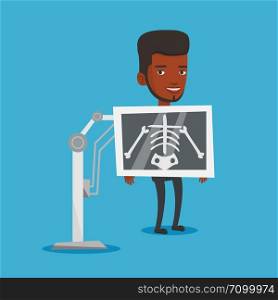 Young african-american man during chest x ray procedure. Young man with x ray screen showing his skeleton. Happy male patient visiting roentgenologist. Vector flat design illustration. Square layout.. Patient during x ray procedure vector illustration