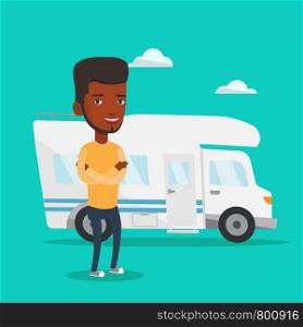 Young african-american man enjoying her vacation in motor home. Happy man standing with arms crossed in front of motor home. Man traveling by motor home. Vector flat design illustration. Square layout. Man standing in front of motor home.