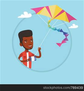 Young african-american man flying a colourful kite. Man controlling a kite. Happy man walking with kite. Vector flat design illustration in the circle isolated on background.. Young man flying kite vector illustration.