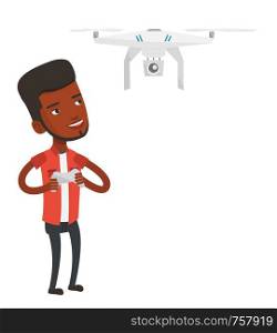 Young african-american man flying drone with remote control. Man operating a drone with remote control. Man controling a drone. Vector flat design illustration isolated on white background.. Man flying drone vector illustration.
