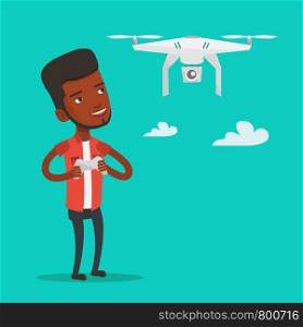 Young african-american man flying drone with remote control. Smiling man operating a drone with remote control. Happy man controling a drone. Vector flat design illustration. Square layout.. Man flying drone vector illustration.