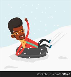 Young african-american man having fun while sledding on snow rubber tube in mountains. Man riding on snow rubber tube. Man sitting in snow rubber tube. Vector flat design illustration. Square layout.. Man sledding on snow rubber tube in mountains.