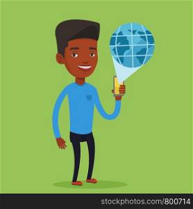 Young african-american man holding a smartphone with a model of planet earth coming out of the device. International technology communication concept. Vector flat design illustration. Square layout.. International technology communication.