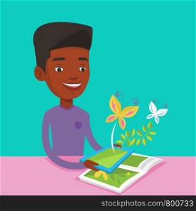 Young african-american man holding digital tablet above the book.Man looking at butterflies flying out from digital tablet. Concept of agmented reality. Vector flat design illustration. Square layout.. Augmented reality vector illustration.
