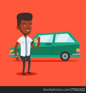 Young african-american man holding keys to his new car. Happy man showing key to his new car. Smiling man standing on the backgrond of his new car. Vector flat design illustration. Square layout.. Man holding keys to his new car.