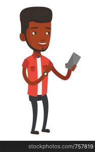 Young african-american man holding mobile phone. Smiling man pointing at something on mobile phone. Man standing with mobile phone in hand. Vector flat design illustration isolated on white background. Young smiling man holding mobile phone.