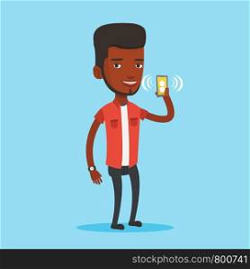 Young african-american man holding ringing mobile phone. Smiling man answering a phone call. Man standing with ringing phone in hand. Vector flat design illustration. Square layout.. Man holding ringing mobile phone.