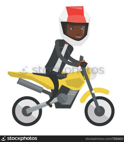 Young african-american man in helmet riding a motorcycle. Man driving a motorcycle. Man riding a motorcycle. Vector flat design illustration isolated on white background.. Young african-american man riding motorcycle.