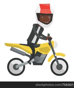 Young african-american man in helmet riding a motorcycle. Man driving a motorcycle. Man riding a motorcycle. Vector flat design illustration isolated on white background.. Young african-american man riding motorcycle.