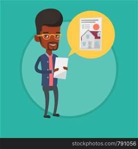 Young african-american man looking at photo of a house on a digital tablet. Man seeking for appropriate house on a tablet computer. Vector flat design illustration in the circle isolated on background. Man looking for house vector illustration.