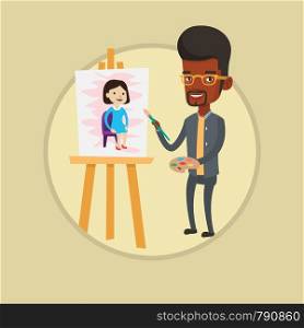 Young african-american man painting a female model on canvas. Artist drawing on an easel. Cheerful artist working on painting. Vector flat design illustration in the circle isolated on background.. Creative african artist painting portrait.