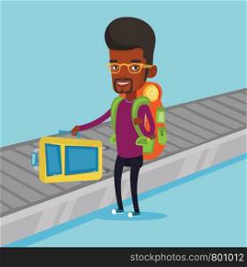Young african-american man picking up his suitcase on luggage conveyor belt at airport. Happy passenger taking his luggage at conveyor belt at airport. Vector flat design illustration. Square layout.. Man picking up suitcase on luggage conveyor belt