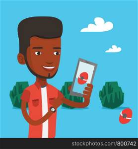 Young african-american man playing action game on smartphone. Young man playing on his smartphone outdoor. Man using smartphone for playing games. Vector flat design illustration. Square layout.. Man playing action game on smartphone.