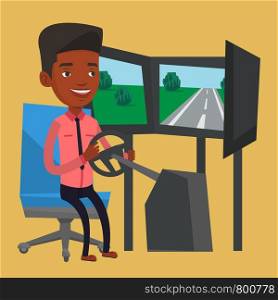 Young african-american man playing video game with gaming wheel. Smiling gamer driving autosimulator in game room. Man playing car racing video game. Vector flat design illustration. Square layout.. Man playing video game with gaming wheel.