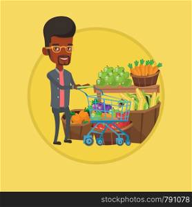 Young african-american man pushing supermarket cart with some healthy products in it. Customer shopping at supermarket with cart. Vector flat design illustration in the circle isolated on background.. Customer with shopping cart vector illustration.