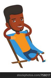 Young african-american man relaxing in folding chair. Smiling man sitting in folding chair. Man enjoying his vacation. Vector flat design illustration isolated on white background.. Young man sitting in folding chair.