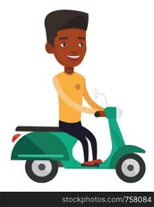 Young african-american man riding a scooter outdoor. Man traveling on a scooter. Side view of happy man enjoying his trip on a scooter. Vector flat design illustration isolated on white background.. Young african-american man riding scooter.