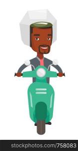 Young african-american man riding a scooter outdoor. Smiling man traveling on a scooter. Happy man enjoying his trip on a scooter. Vector flat design illustration isolated on white background.. Young african-american man riding scooter.