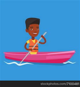 Young african-american man riding in a kayak in the river. Man with skull in hands traveling by kayak. Male kayaker paddling. Man paddling a canoe. Vector flat design illustration. Square layout.. Man riding in kayak vector illustration.