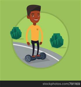 Young african-american man riding on self-balancing electric scooter in the park. Man standing on self-balancing electric scooter. Vector flat design illustration in the circle isolated on background.. Man riding on self-balancing electric scooter.