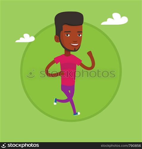 Young african-american man running. Happy man jogging. Full length of a smiling man running. Sportsman in sportswear running. Vector flat design illustration in the circle isolated on background.. Young man running vector illustration.