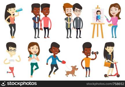Young african-american man shielding his mouth and whispering a gossip in an ear of his friend. Two men sharing with secret news. Set of vector flat design illustrations isolated on white background.. Vector set of sport characters.