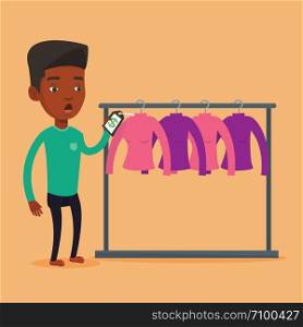 Young african-american man shocked by price tag in clothing store. Surprised man looking at price tag in clothing store. Amazed man staring at price tag. Vector flat design illustration. Square layout. Man shocked by price tag in clothing store.